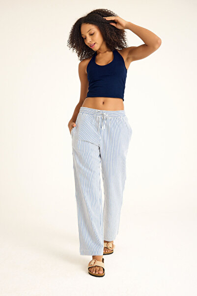 Joshs Blue Striped 100% Cotton Women's Summer Trousers with Pockets