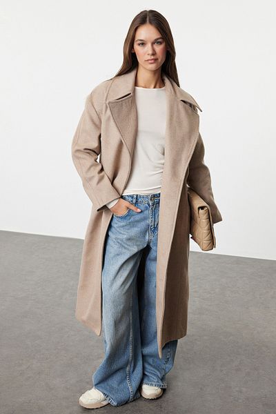 Trendyol Collection Dlouhý vlněný norkový kabát - Regular Fit Twoaw25kb00022