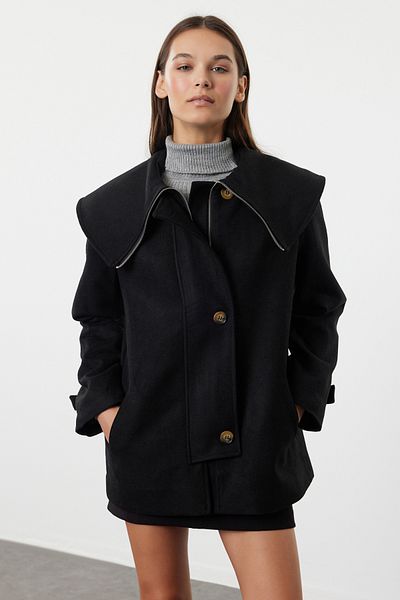Trendyol Collection Regular Fit Black Midi Coat - Collar Detailed Twoaw25kb00041