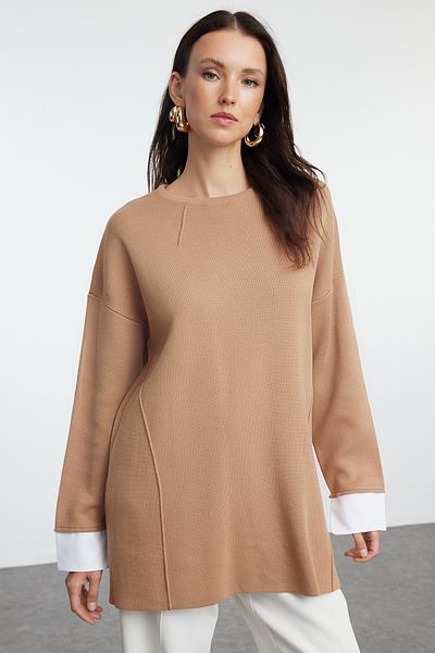 Trendyol Modest Hellbrauner Strickpullover - Hemddetail, TCTAW25AK00041