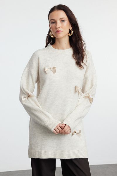 Trendyol Modest Strickpullover - Steinfarbe, Schleifendetail, TCTAW25AK00054