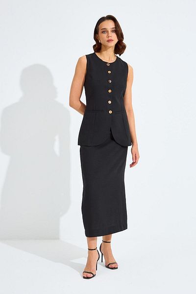 Tuba Butik Black Linen Blended Vest and Skirt Set