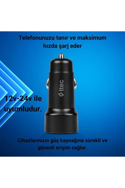 Ttec Süper Hızlı 3.1amper 2x Usb Girişli Araç Şarj Cihazı, 12/24v Çakmaklık Girişli Akım Korumalı