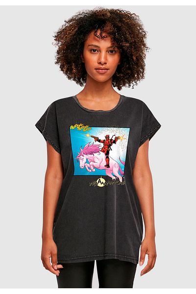 ABSOLUTE CULT Damen Ladies Deadpool - Unicorn Battle Acid Washed T-Shirt