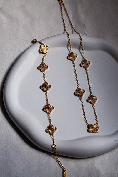 Inure Jewelry Valuable Gold Yonca Model Kadın Çelik (KOLYE & BİLEKLİK) 2'li Set