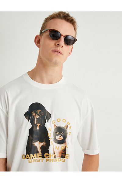Koton Baumwoll-Übergröße-T-Shirt – Hunde-Print, kurze Ärmel, Rundhals