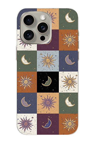 moonset Iphone 15 Pro Uyumlu Renkli Ay ve Güneş Tasarımlı Baskılı Şeffaf Tele...