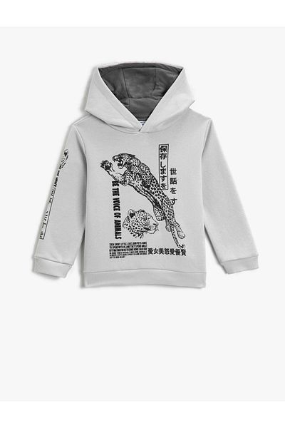 Koton Tiger Printed Hooded Sweatshirt Long Sleeve