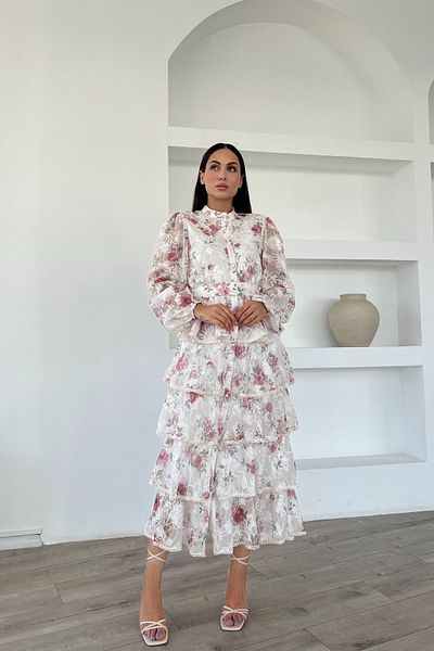 Seda Yalçın Atelier Valon Pink Floral Patterned Stripe Detailed Layered Dress