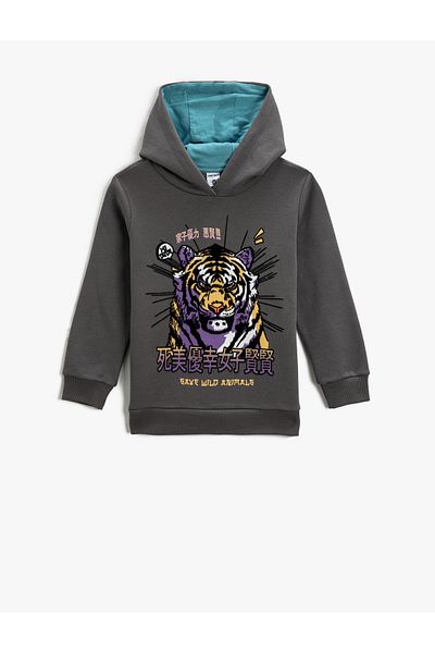 Koton Tiger Printed Hooded Sweatshirt Long Sleeve