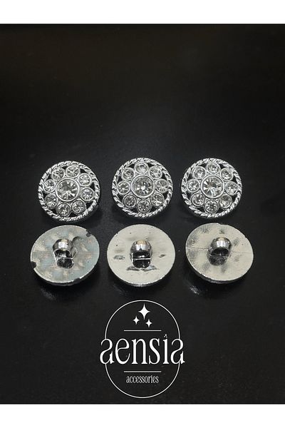 aensia Jewelled and Twisted Silver Flower Model Plastic Coat Jacket - 2.29 Cm, Pack of 6