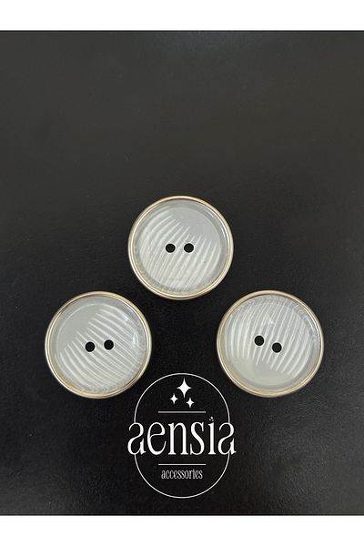 aensia White Striped Metal Fronth Around - 3.05 Cm Polyester Coat Button Pack of 3