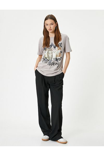 Koton Cat Printed T-Shirt Comfortable Fit Cotton