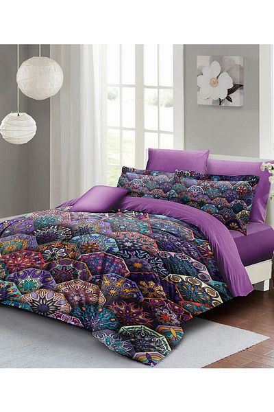 PerlaSera Ethnic Purple Double Duvet Cover Set - Tightly Woven Cotton Satin, 3D Custom Design