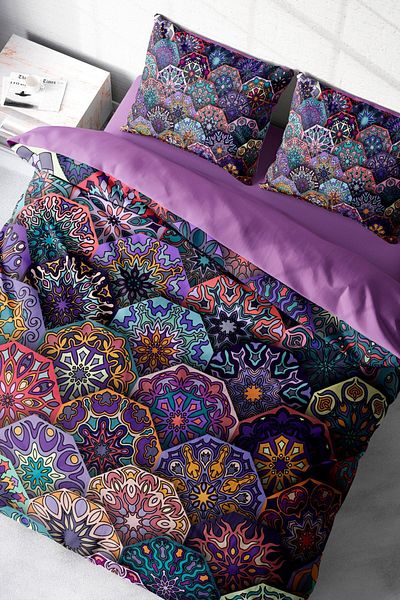 PerlaSera Ethnic Purple Double Duvet Cover Set - Tightly Woven Cotton Satin, 3D Custom Design
