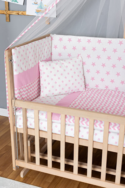 Bamgidoo Ahşap Beşik Anne Yanı Beşik Organik 70x130 - Pembe Yıldız 1 Yastıklı Uyku Seti + Yataklı