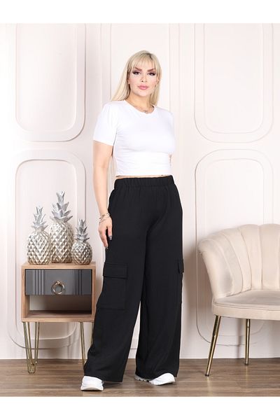 LİKRA Plus Size Women's - Flexible Crepe Trousers with Cargo Pocket and Elastic Waist