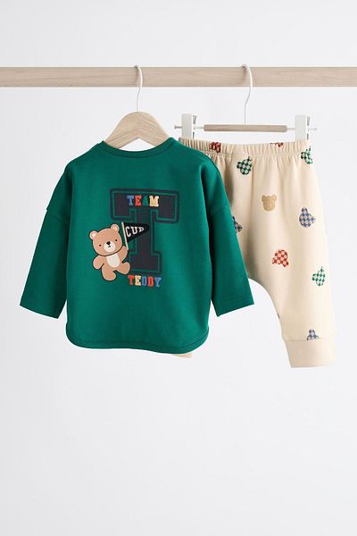 Next Baby Cotton Green Bear Patterned Long Sleeve Bottom Top Set