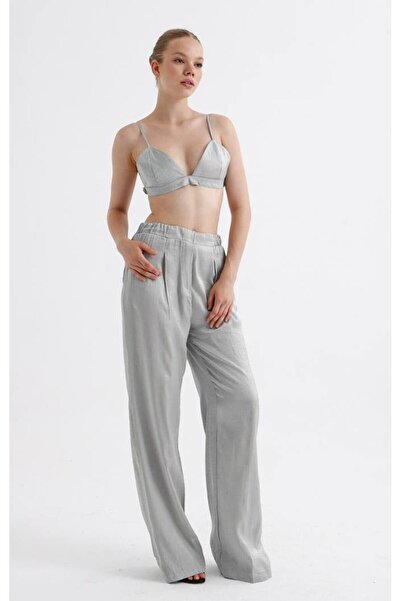 MOCCHI Kuşaklı Ceket Crop Pantolon Saten 3'lü Takım