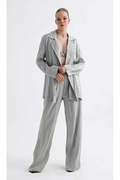 MOCCHI Kuşaklı Ceket Crop Pantolon Saten 3'lü Takım