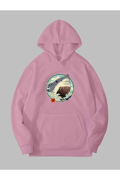Harmandar Φούτερ με κουκούλα με κουκούλα Anime Shark Pattern Unisex Pink - Hoodie Kangaroo Pocket