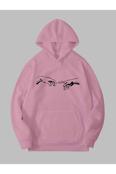 Harmandar Michelangelo Hands Printed - Unisex Pink Kangaroo Pocket Hooded Hoodie Hoodie