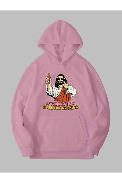 Harmandar Φούτερ με κουκούλα Unisex Pink Jesus Printed - Τσέπη καγκουρό