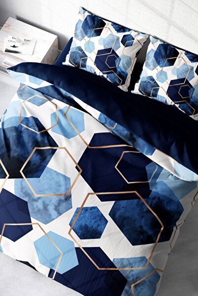 MonoHome Blue Hexagon 3D Бавовняний сатеневий двоспальний комплект постільної...