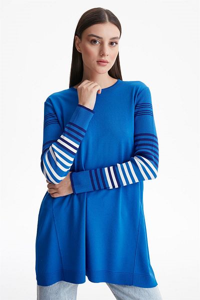 Tığ Triko - Basic Rayon Knitwear Tunic with Striped Sleeves