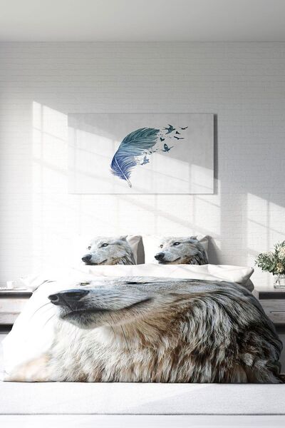 MonoHome White Wolf - 100% Cotton Satin Double Duvet Cover Set with Elastic S...