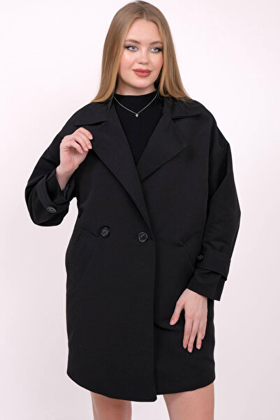 MissThetis Ceket Yaka Çift Cepli Kısa Bel Altı Uzun Kollu Düğme Detaylı Astarlı Su Geçirmez Şık Cool Trençkot