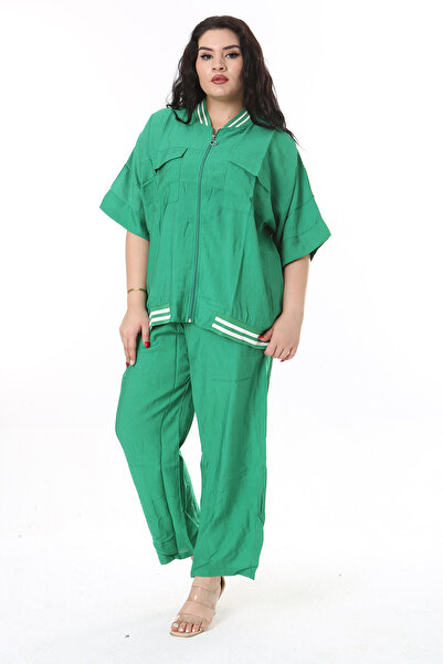 Şans Σετ πράσινη μπλούζα και παντελόνι Plus Size - Μπροστινό φερμουάρ, τσέπη και λεπτομέρεια πλευρών 65n38192