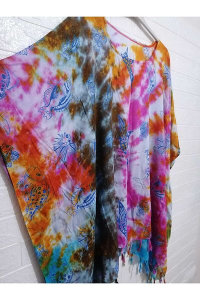 anne moda ankara Παρεό Tie Dye Plus Size - 100% υφαντό βαμβάκι, χωρίς λύκρα, φούντα, χαμηλό μανίκι, φαρδύ γιακά