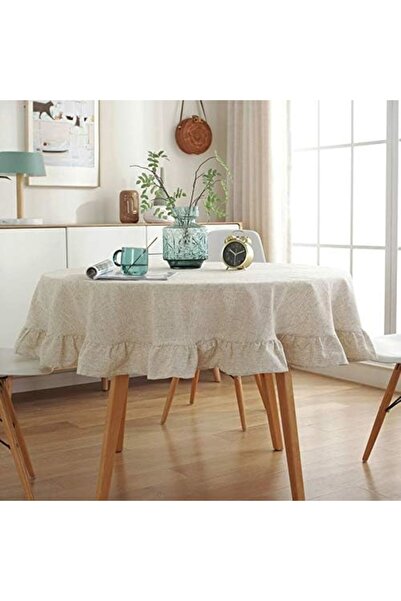 Erba kreasyon Naturel %100 Keten Fırfırlı Yuvarlak Masa Örtüsü 130 Cm
