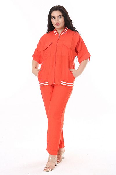 Şans Set bluză și pantaloni cu rodie de mărime mare - cu fermoar în față, buzunar și detaliu nervurat 65N38192