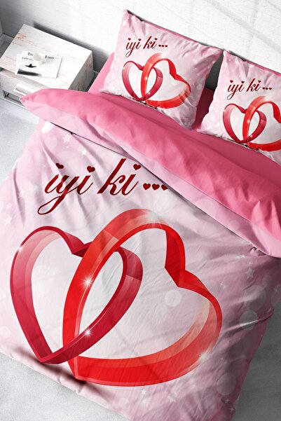 MonoHome Set de lenjerie de pat dublu din satin de bumbac de Ziua Îndrăgostiț...