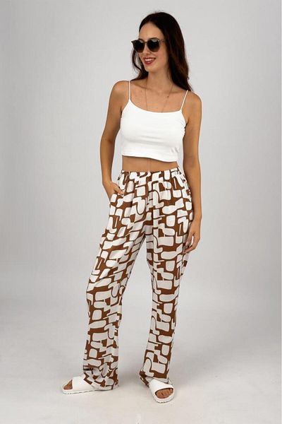Betimoda Coffee White Women's Oversize Palazzo Pants - Soft Viscose, Print and Pocket