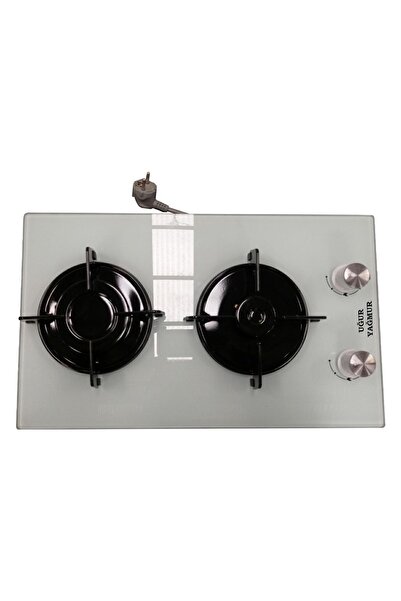 Uğur Yağmur Çakmaklı 2 Gözlü Cam Ankastre Ocak Beyaz Tüplü (LPG) Karavan / Tekne Uyumlu