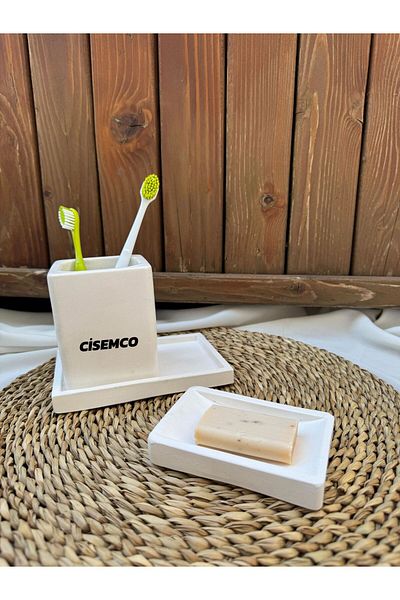Çisem 3 Piece Concrete Bathroom Set - Soap Dish, Toothbrush Holder and Decorative Presentation Tray