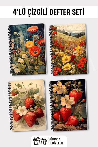 Eldesen Tasarım A5 Size Set of 4 - Spiraled Lined School Notebook, 50 Sheets and 100 Sheets