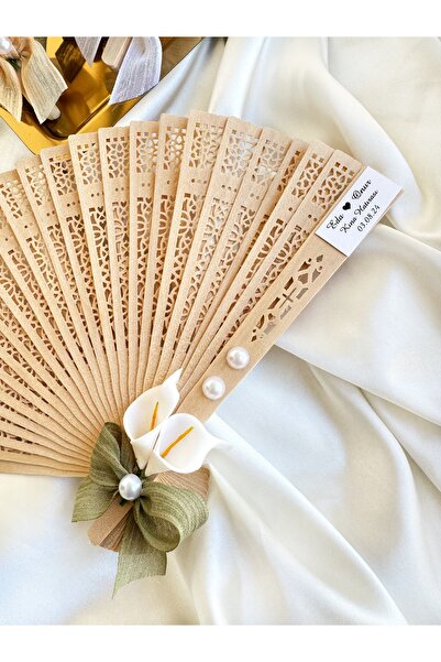 Gami Handmade Zambak Süslemeli İnci Detaylı Ahşap Yelpaze - Nişan, Nikah, Söz, Kına - 10 Adet