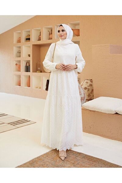 She Olive White Laced Hijab Dress
