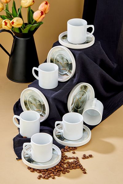 modaliving Natural Stone Energy Luxury Ceramic Black 12 Piece White Coffee Cup Set for 6 People