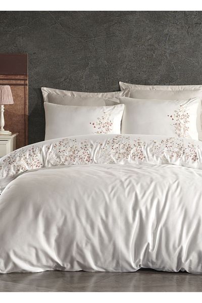Dantela Alya Embroidered Duvet Cover Set - Cream