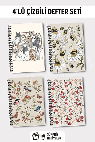 Eldesen Tasarım A5 Size Set of 4 - Spiraled Lined School Notebook, 50 Sheets 100 Sheets