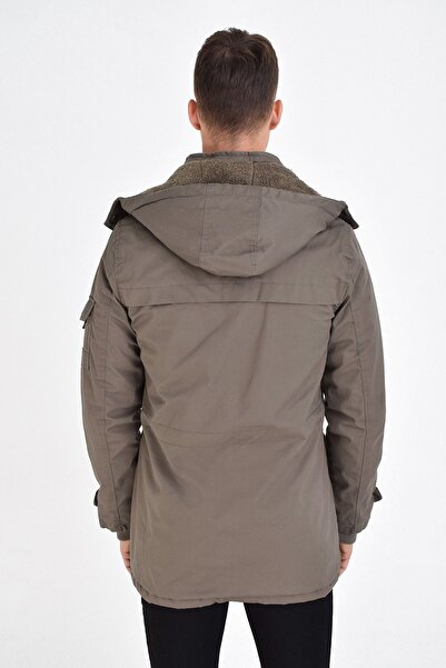 DYNAMO Men's Dark Beige Waterproof Coated Faux Fur Lined Thick Coat