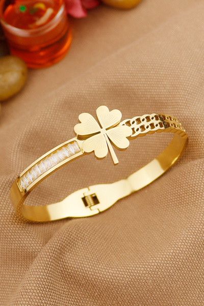 Keyifli Hayaller Sıralı Zirkon Taşlı Yonca Model Zarif Kararmaz Paslanmaz Çel...