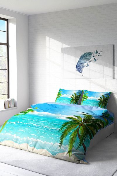 PerlaSera 3D Custom Designed Double Duvet Cover Set - Sik Woven Cotton Satin, Palm