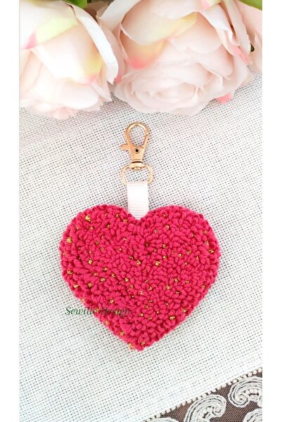 Sewille Design Hand Made Punch Simli Kalp Anahtarlık - Koyu Pembe