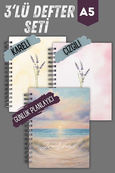Craft A5 School Notebook Set - 3 Pieces, Hard Cardboard Cover, 90 Sheets, Steel Spiral